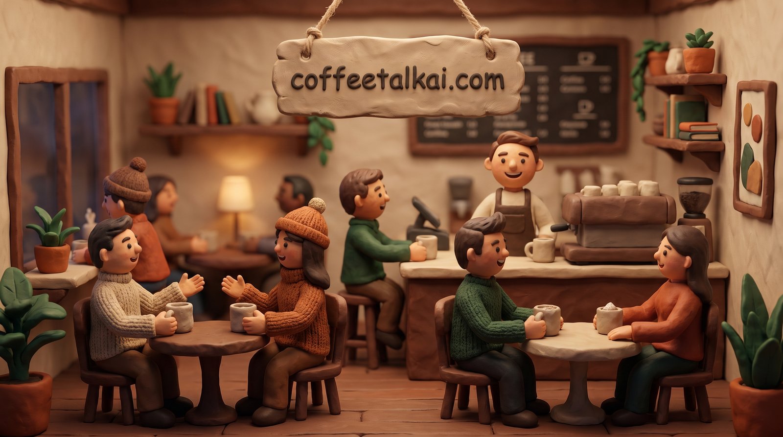 Coffee Talk AI: claymation coffee shop with people under a sign reading coffeetalkai.com