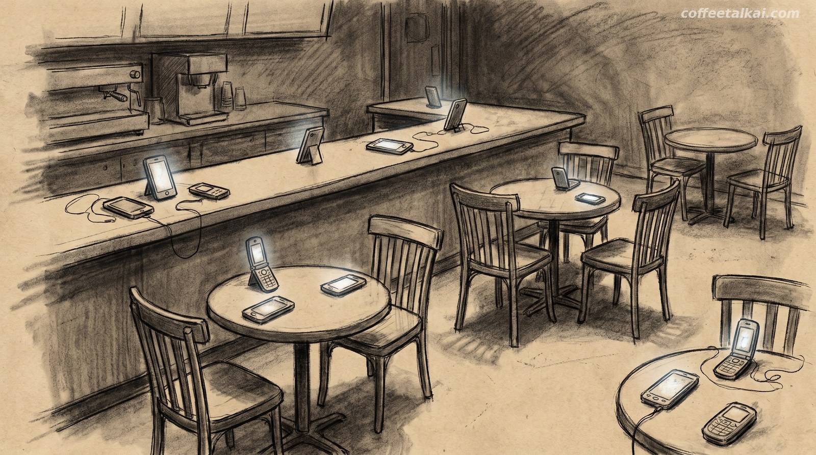 Empty coffee shop with phones, charcoal drawing