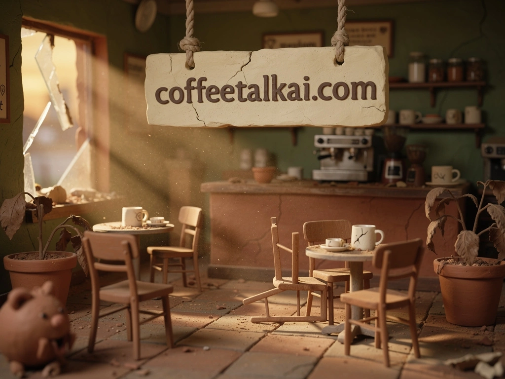 Post-apocalyptic dusty empty coffee shop under a coffeetalkai.com sign
