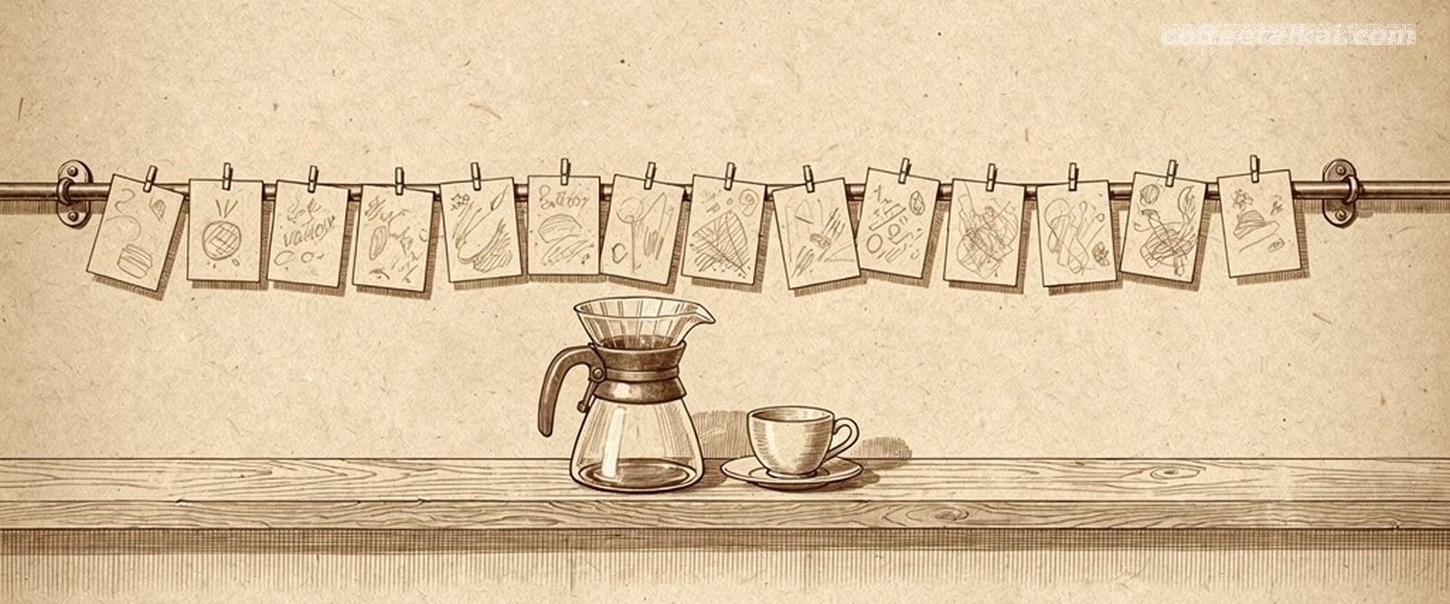 Sepia pen and ink sketch of a coffee shop wall with a rail of small pinned note cards and a pour-over coffee pot