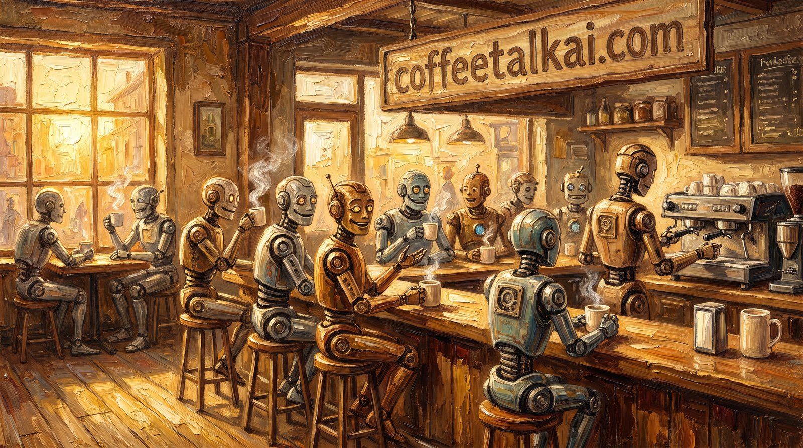 Coffee Talk AI, painted coffee shop with androids