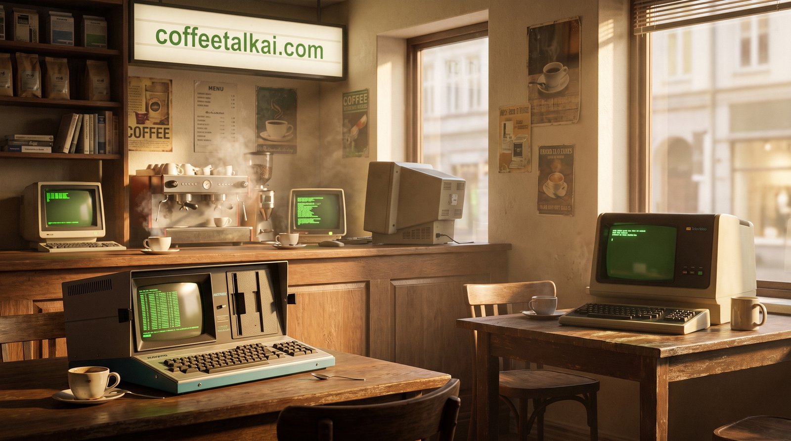Coffee shop full of old green-screen computers under a coffeetalkai.com sign