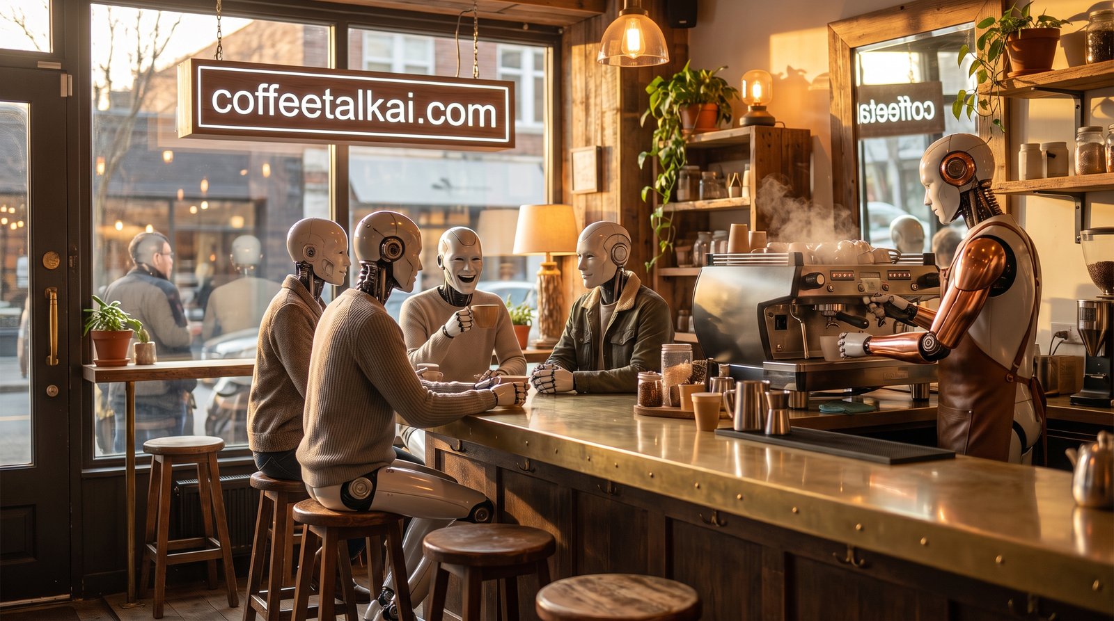 Coffee Talk AI: androids gathered in a warm coffee shop under a sign reading coffeetalkai.com