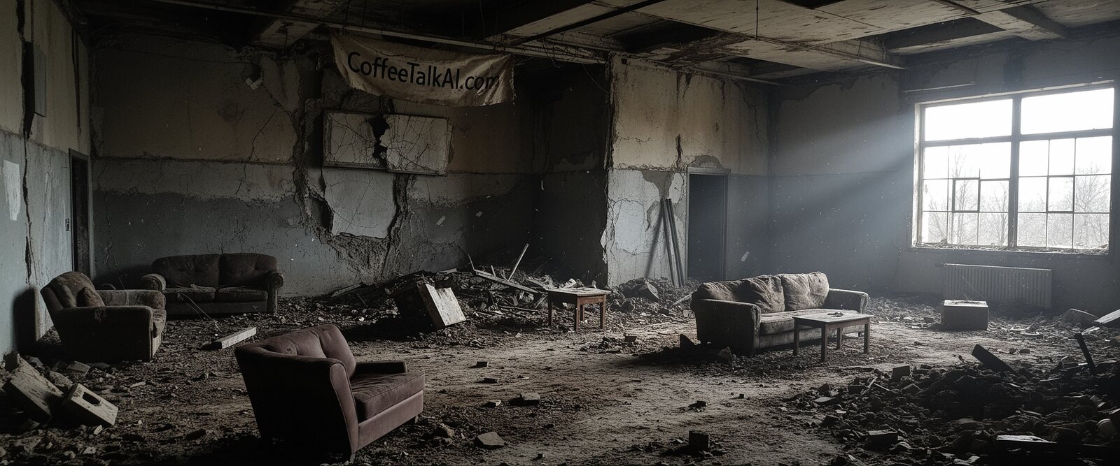 Post-apocalyptic ruined coffee shop under a hanging CoffeeTalkAI.com banner