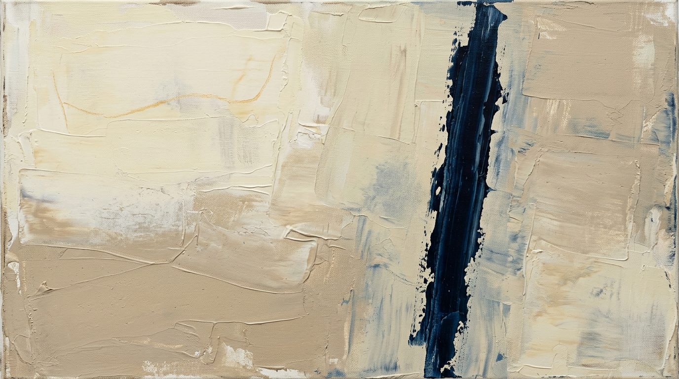 Abstract painting in thick palette-knife impasto: a bone and sand field crossed by one bold dark indigo stroke