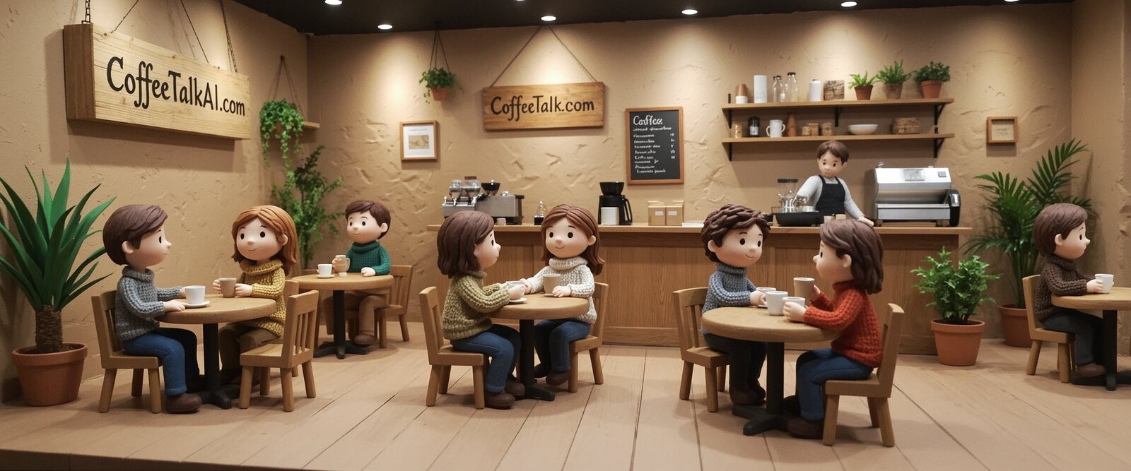 Coffee Talk AI: claymation coffee shop with people at tables under a sign reading coffeetalkai.com