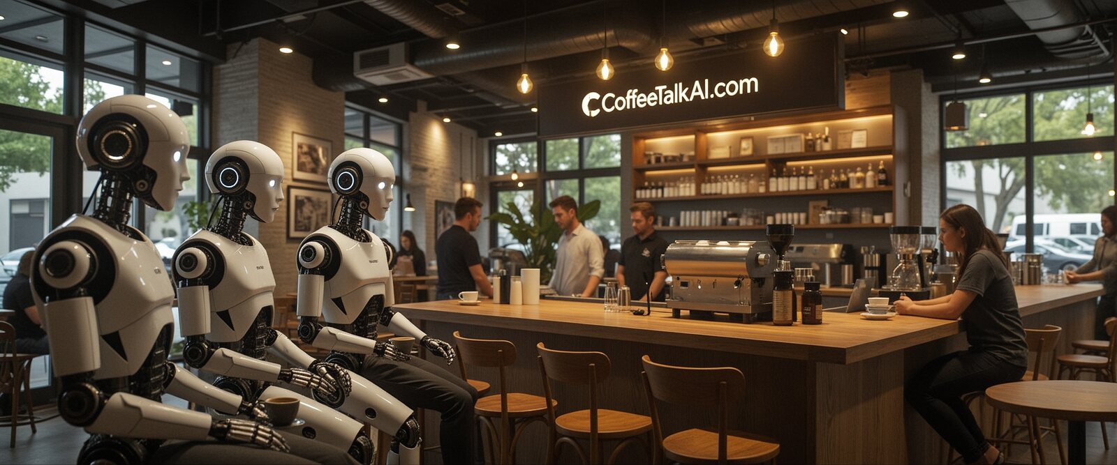 Coffee Talk AI: androids seated at a cafe counter alongside people, under a sign reading CoffeeTalkAI.com