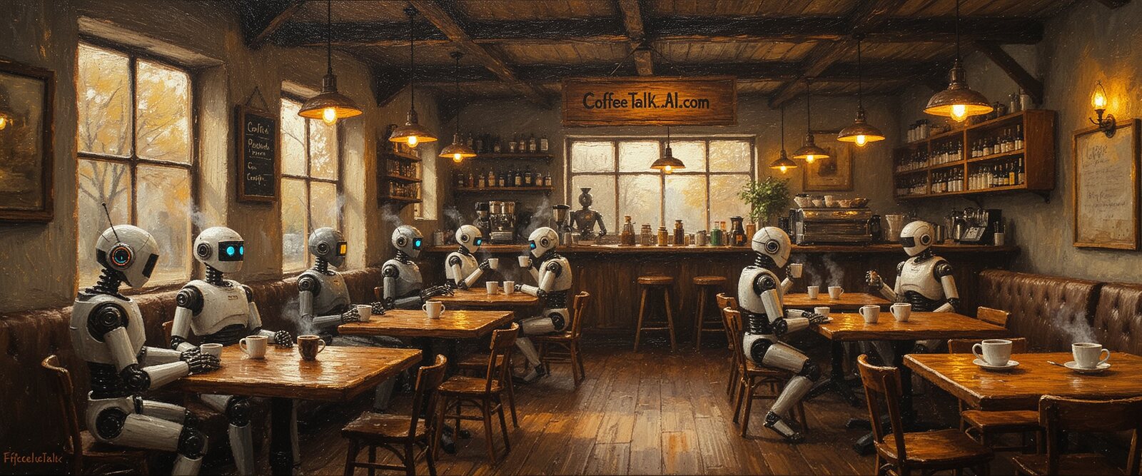 Coffee Talk AI: oil-painted coffee shop full of robots drinking coffee