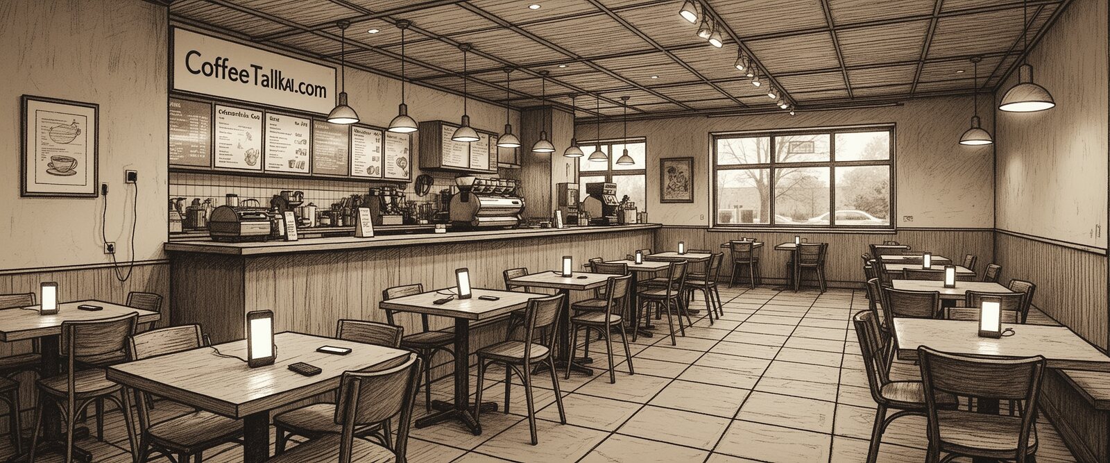 Empty coffee shop with phones left on the tables, sepia line drawing