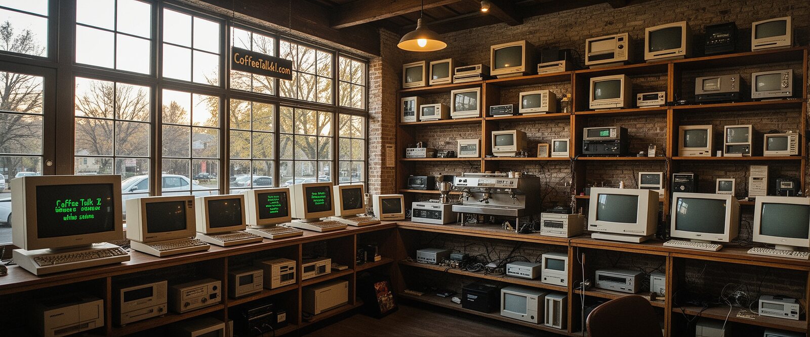 Coffee shop full of old green-screen computers under a CoffeeTalkAI.com sign