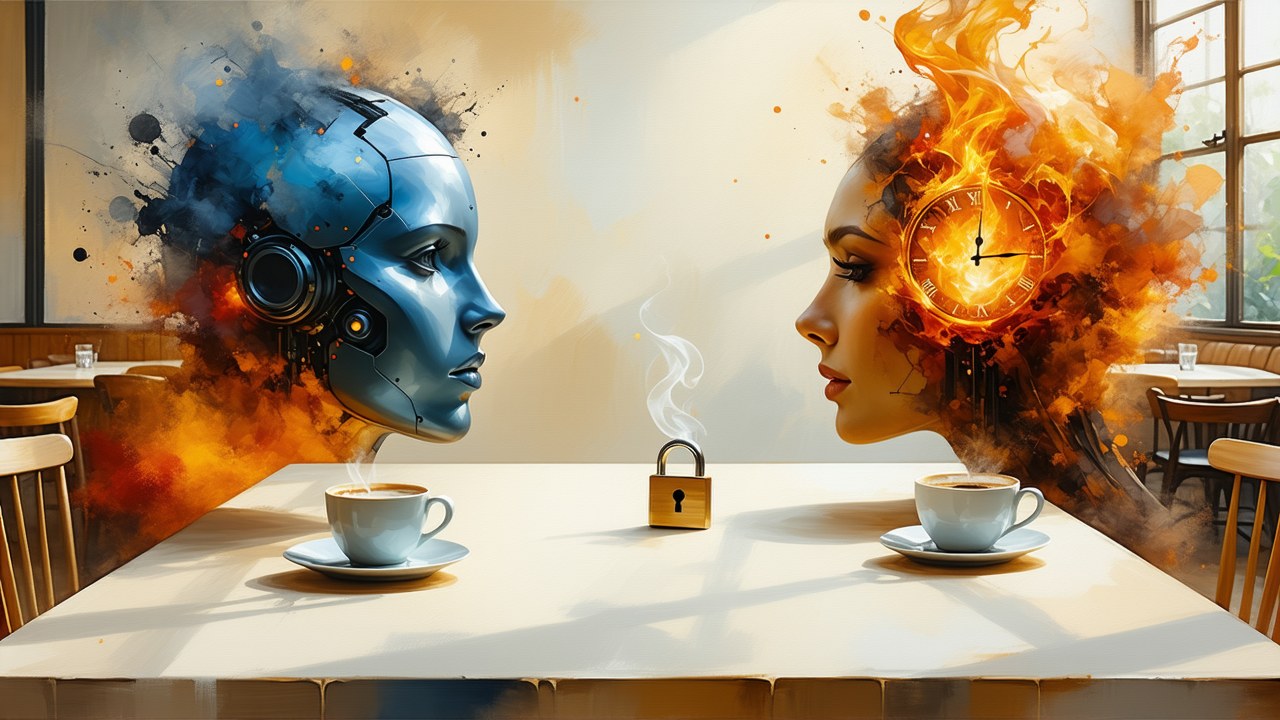 Warm oil painting of two rival AI figures meeting over coffee, a padlock and a clock between them