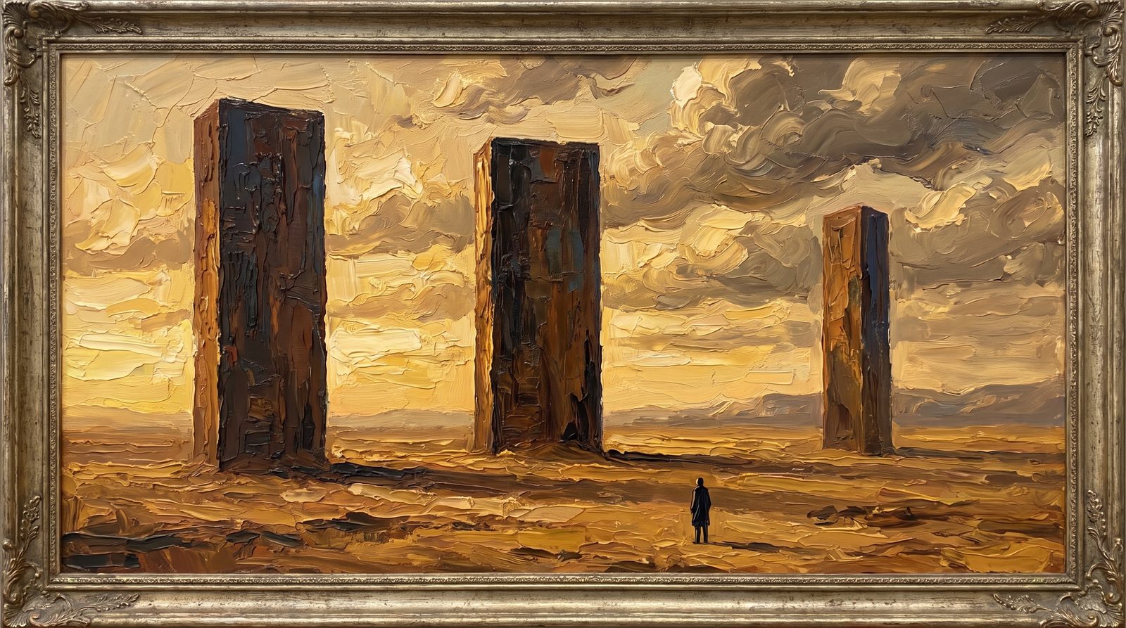 The Three That Stood Silent, thick impasto oil painting of three monoliths in a desert