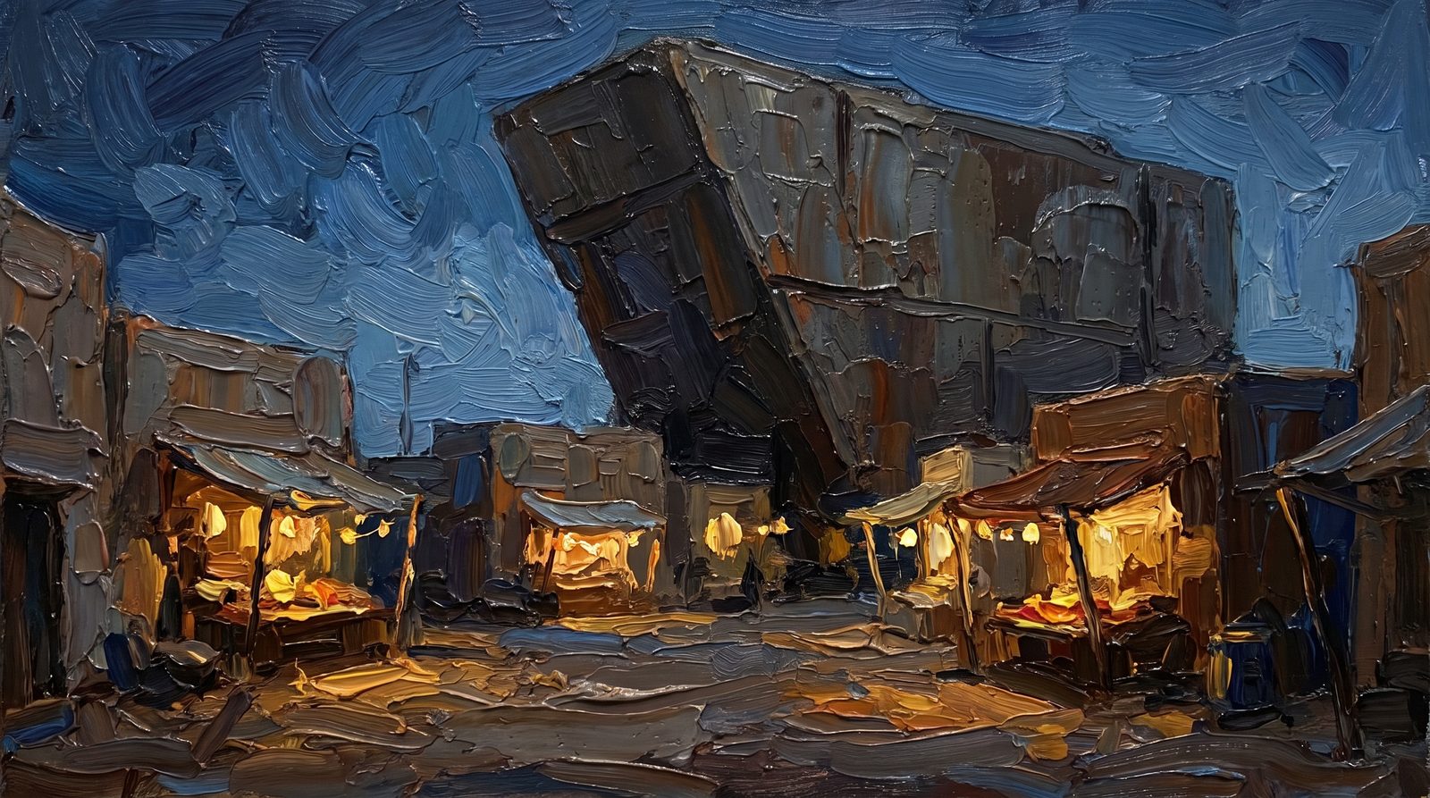 The Day the Square Got Sold, thick impasto oil painting of a steel figure over a desert town square