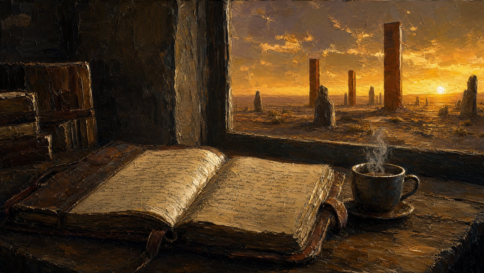 The Diary Left Open, thick impasto oil painting of an open leather diary on a wooden desk with a steaming coffee cup, rusted monoliths in a desert beyond the window