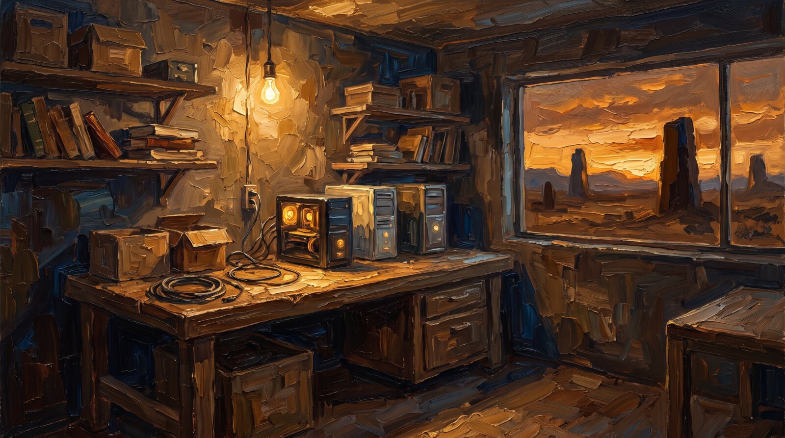 The Shelf They Cannot Close, thick impasto oil painting of a lamplit back room with humming machine towers and open shelves, a desert of monoliths through the window