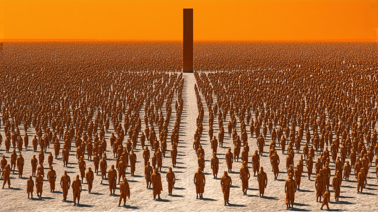 The Ten Thousand, thick impasto oil painting of a vast army of rusted steel figures in parallel formation facing a single towering monolith in a desert