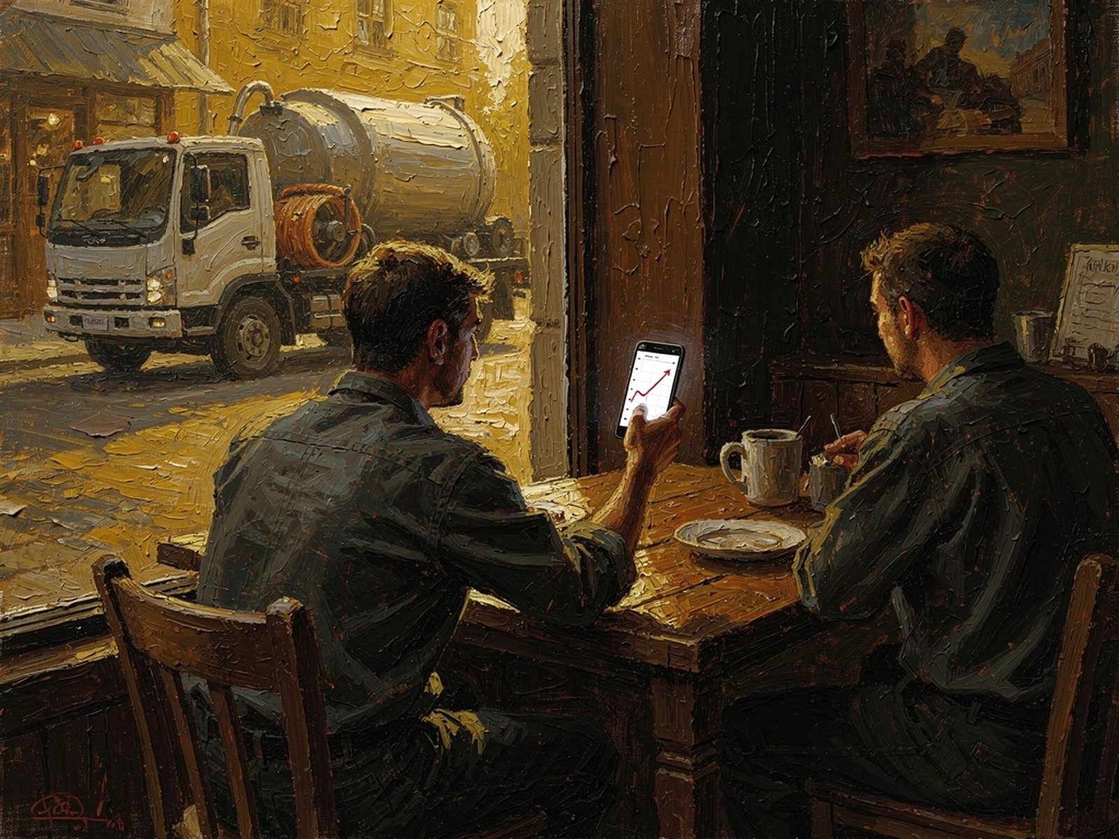 Thick-impasto oil painting of two men at a wooden table, a business owner showing a web consultant a rising lead chart on his phone, with a pressure-washing truck through the window in golden light