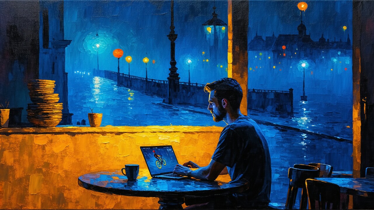 Thick impasto oil painting of a bearded builder at a cafe table at night, laptop glowing with a small bicycle rider in a 3D game world, rainy neon city outside the window