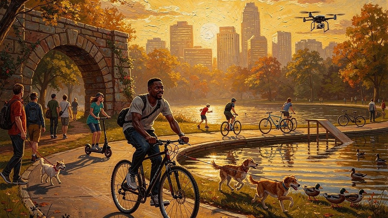 Thick impasto oil painting of a Black cyclist riding a bicycle along the paved path of Piedmont Park at golden hour, past a stone arch, a lake and pedestrians, with the Midtown skyline and a drone in a warm golden sky