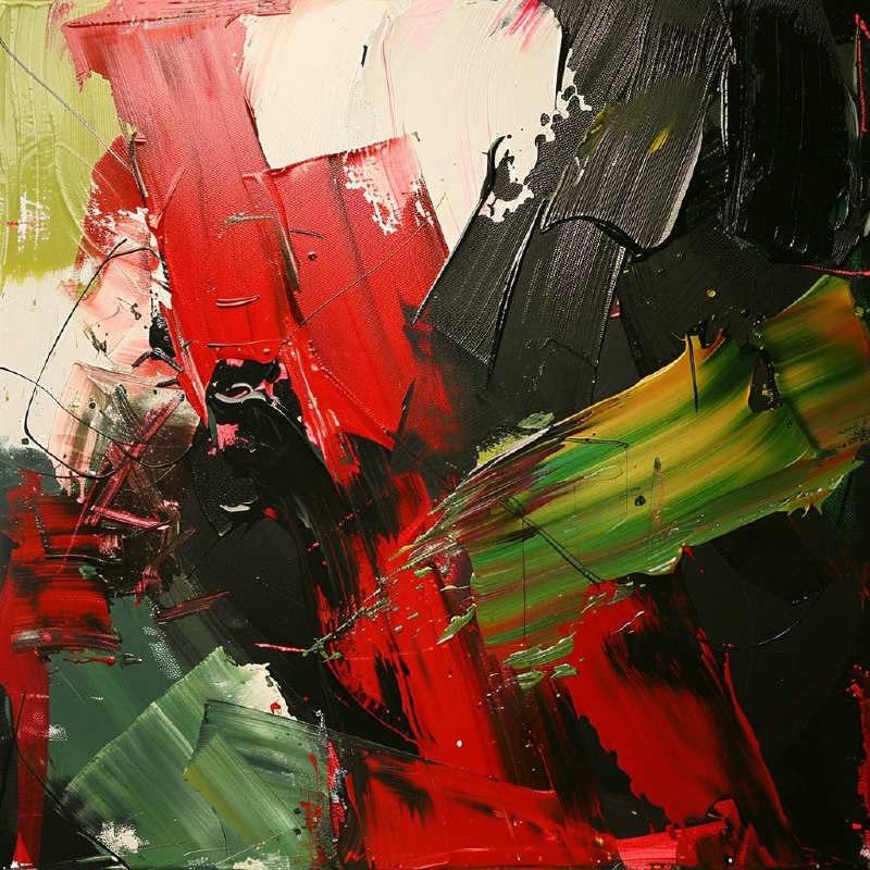 The Argument I: abstract palette-knife painting with a jagged red form tearing diagonally through black fields, colliding with a band of olive green and off-white