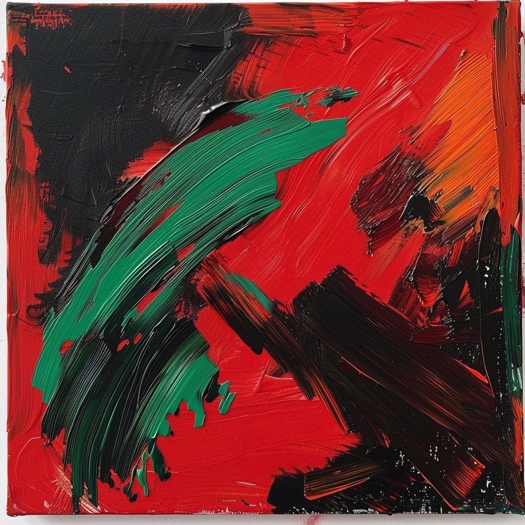 The Argument II: abstract palette-knife painting with a jagged emerald stroke sweeping across a vivid red field against heavy black masses
