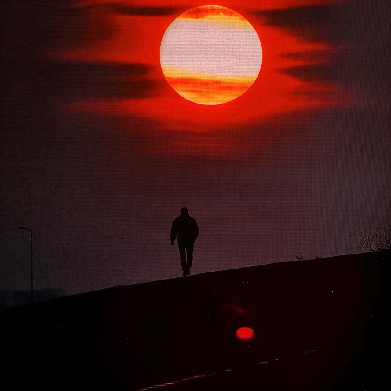 Dusk: silhouetted figure walking beneath a glowing red sun