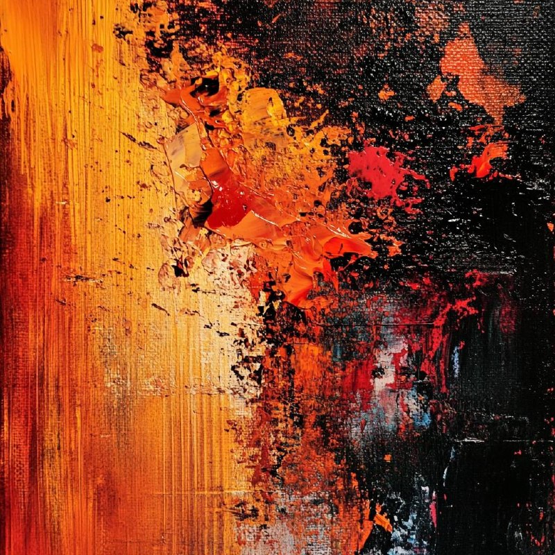 Ember: abstract impasto painting split diagonally between warm golden-orange fields and dark black with red splatters