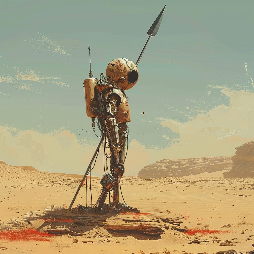 Mars Is a Scam: weathered rusty robot in a barren desert