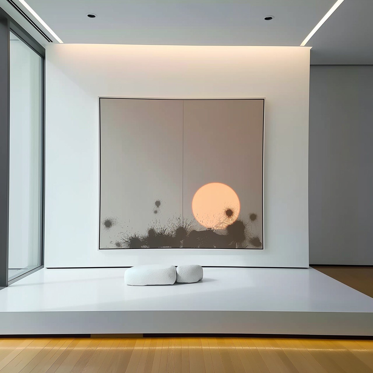 Momentum: gallery space with abstract painting and two white stones