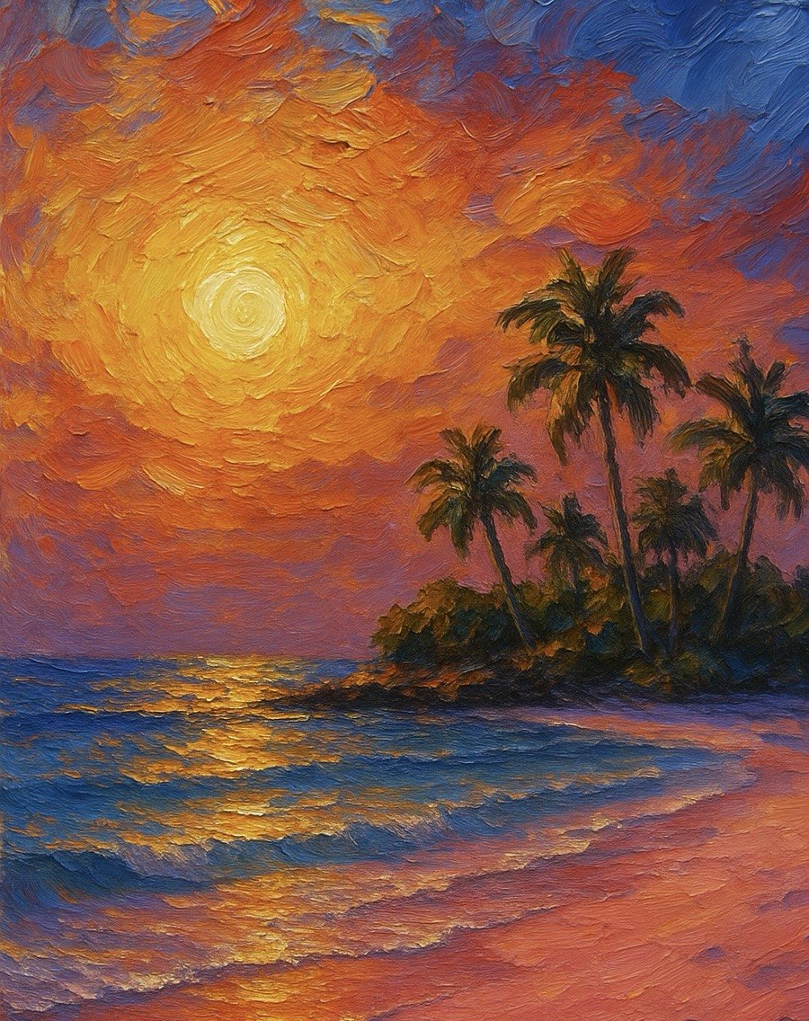Palms at Sunset: tropical seascape with a glowing sun, palm trees on a dark headland, and pinkish sand
