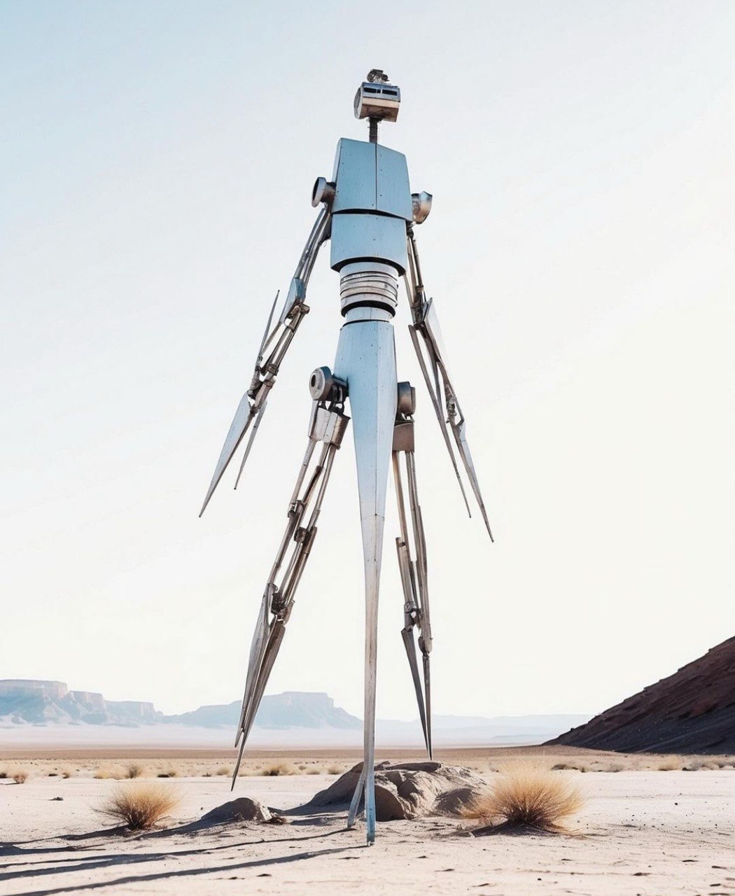 Roboto: slender retro-futuristic robot on four insect legs standing in a pale desert with mesas