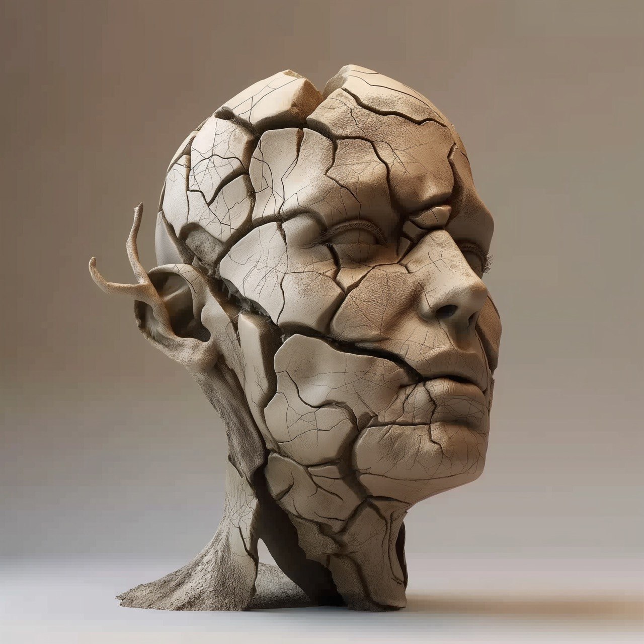 Sentient AI: a cracked clay bust of a human head with a branch growing from the side