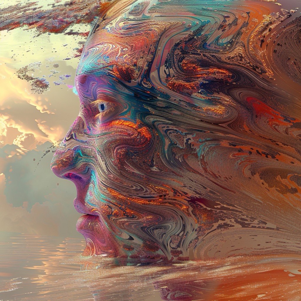 Still Water, Running Mind: surreal profile portrait of a face made of marbled liquid swirls above reflective water
