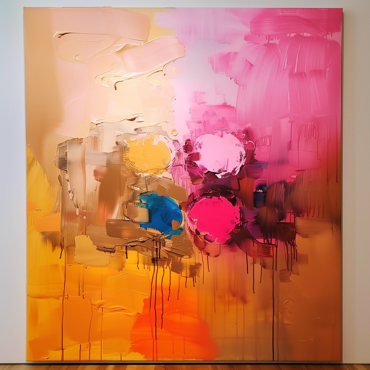 Sunshine: abstract expressionist painting in orange, yellow, pink, and blue