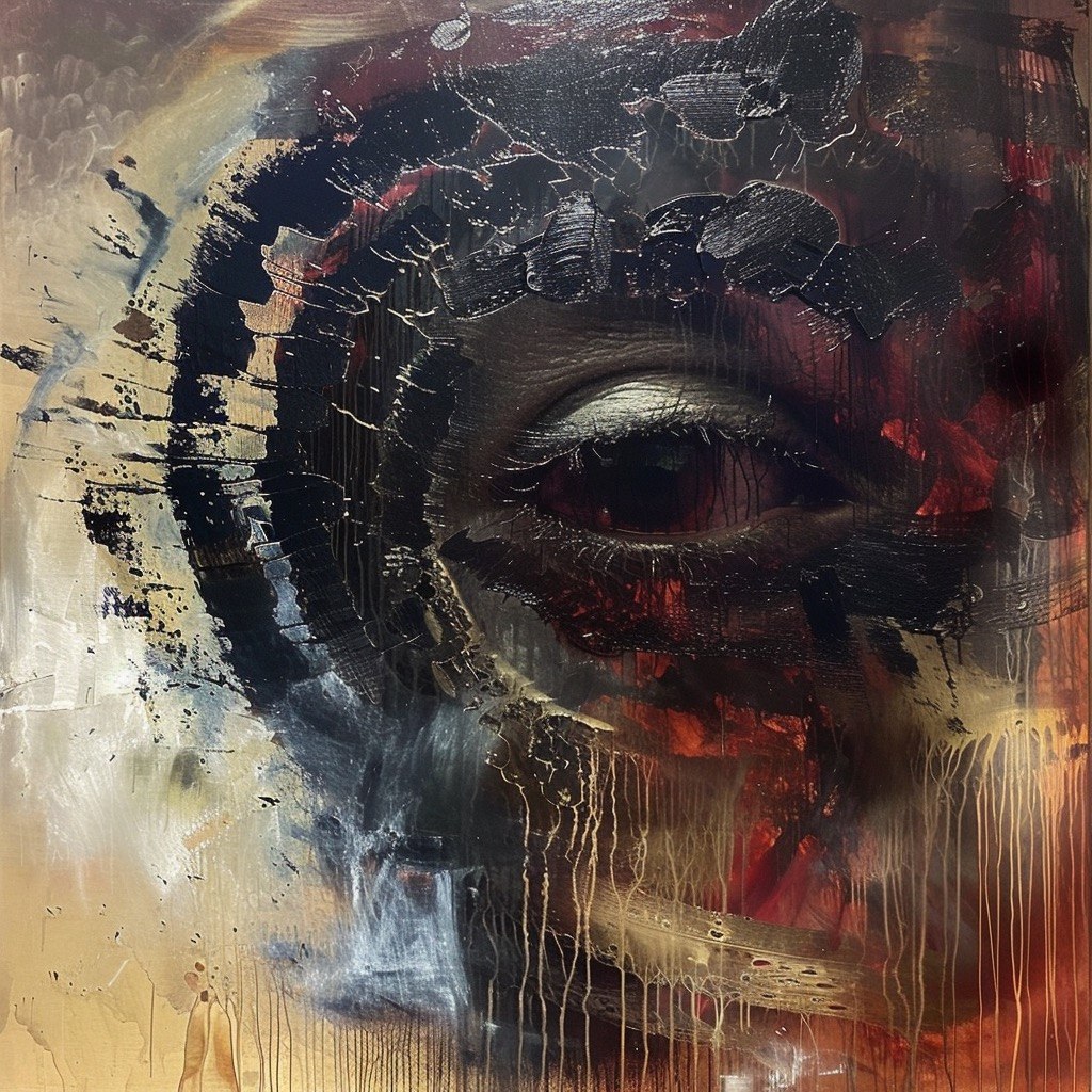 The Desert Eye: abstract eye emerging from textured black and red paint with gold drips