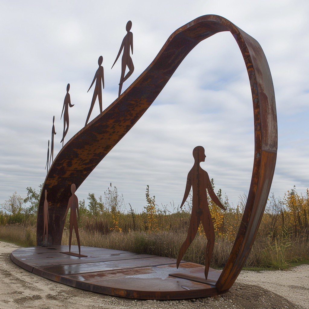 This Is How Time Works #2: rusted steel ribbon loop with figures walking upward