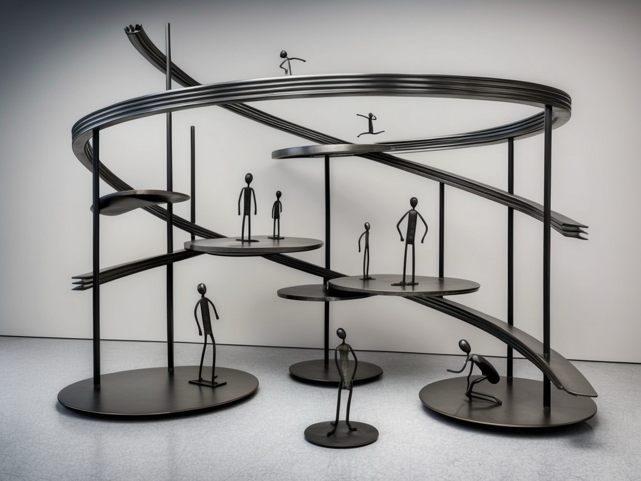This Is How Time Works #3: metal sculpture with curved tracks and small figures