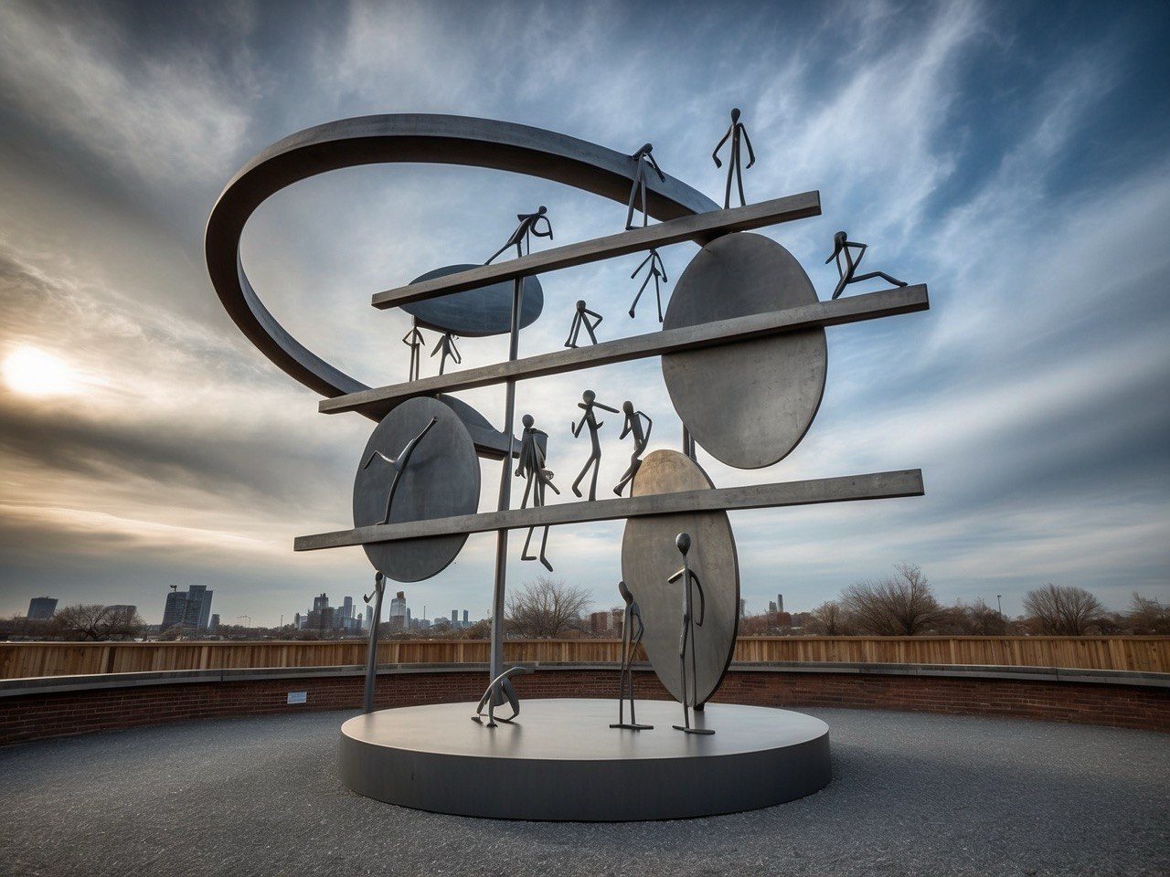 This Is How Time Works #4: abstract metal sculpture with bars, discs, and a loop against a cloudy sky